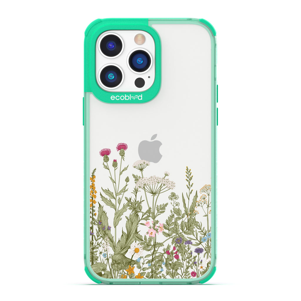 Spring Collection - Green Compostable iPhone 14 Pro Max Case - Wild Herbs & Flowers Botanical Herbarium On A Clear Back