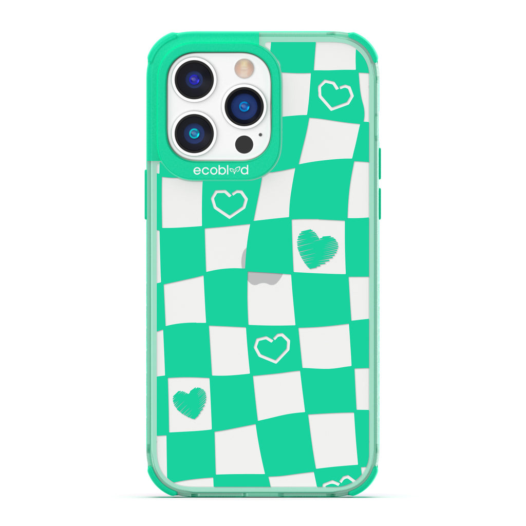 Love Collection - Green Compostable iPhone 14 Pro Case - Wavy Checkered Print & Scribbled Hearts On A Clear Back