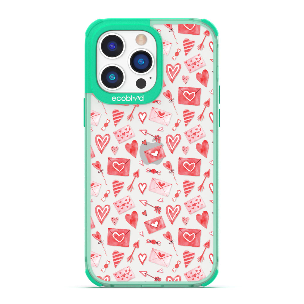 Love Collection - Green Compostable iPhone 14 Pro Max Case - Red & Pink Love Letter Envelopes, Hearts & Arrows On Clear Back