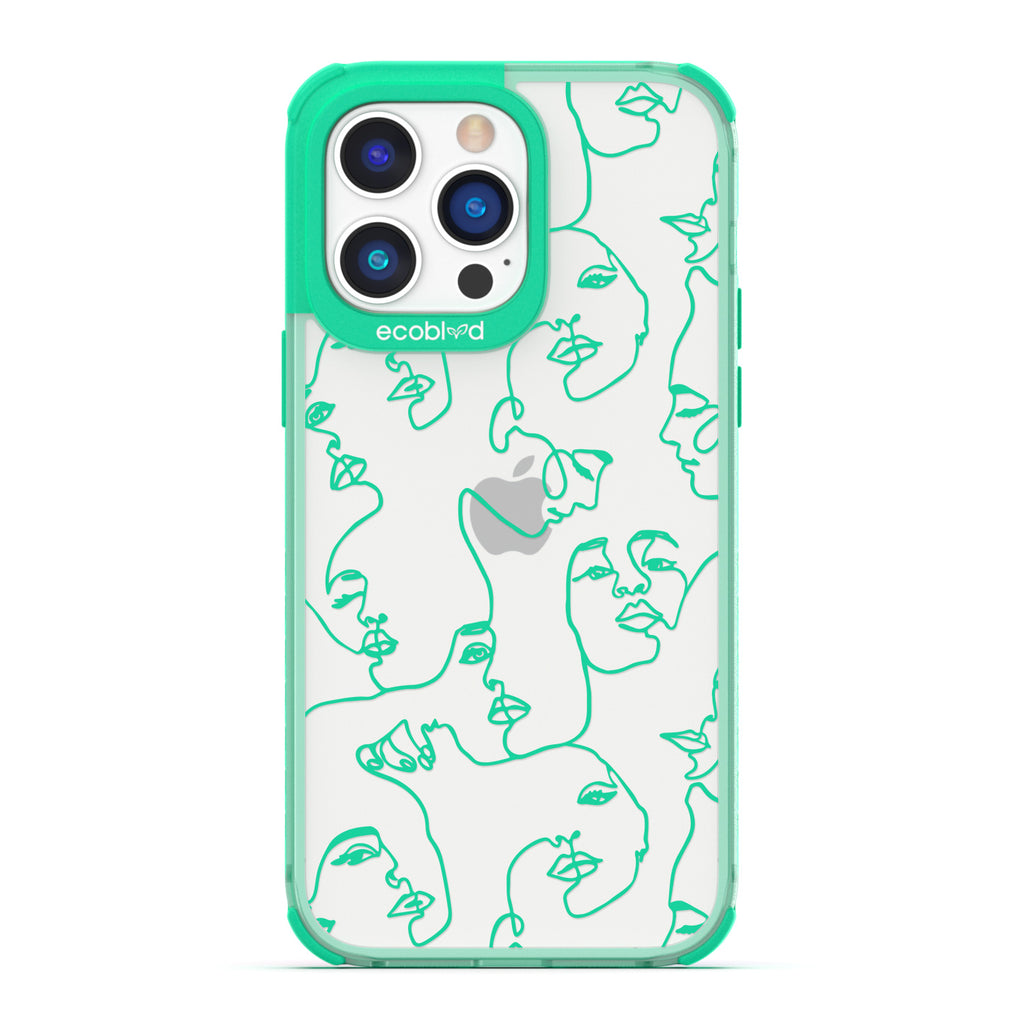 Contemporary Collection - Green Compostable iPhone 14 Pro Case - Line Art Of A Woman's Face On A Clear Back