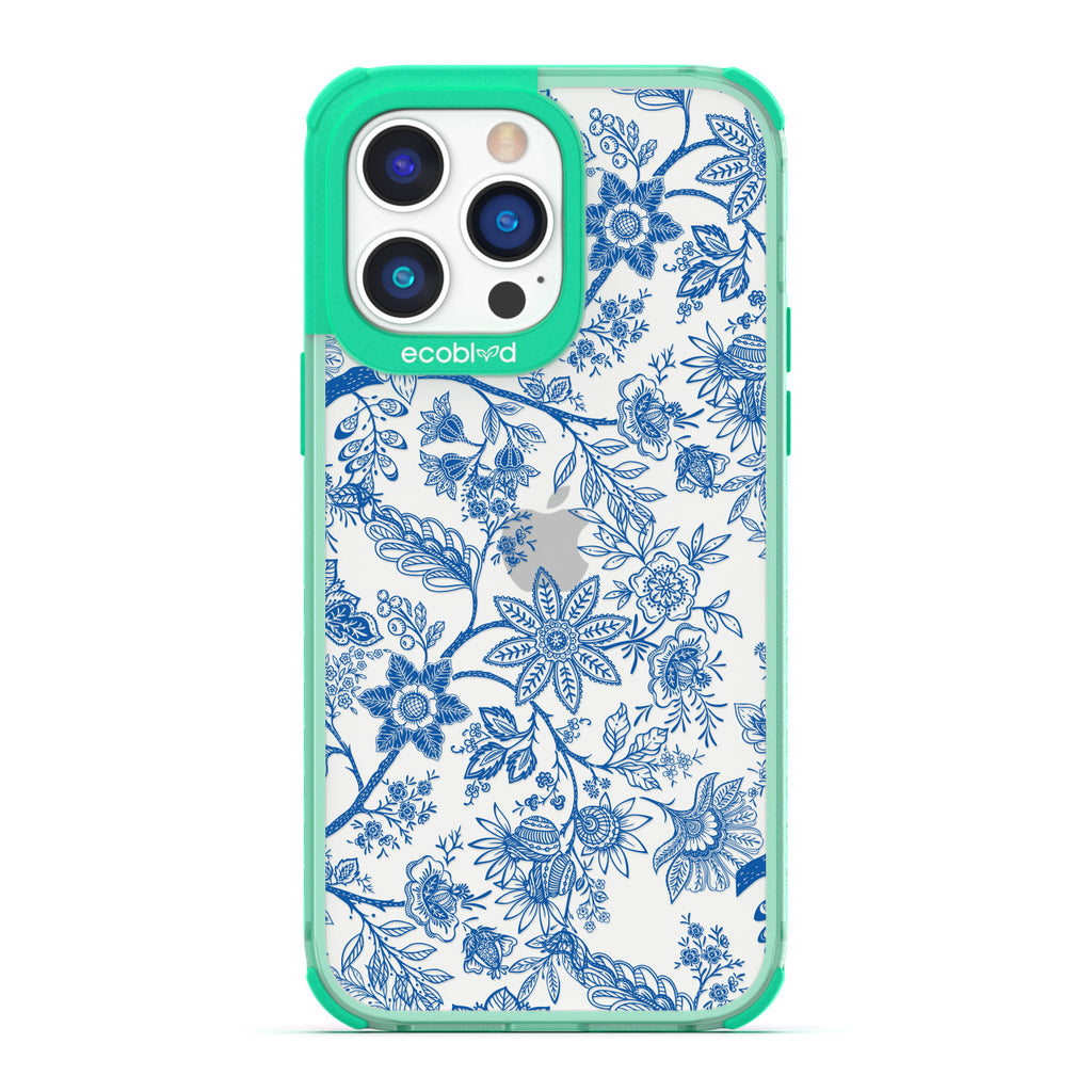 Timeless Collection - Green Laguna Compostable iPhone 14 Pro Max Case With Blue Toile De Jouy Floral Pattern On A Clear Back