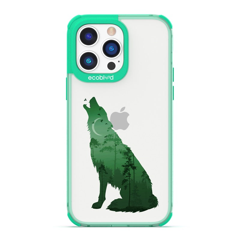 Laguna Collection - Yellow Eco-Friendly iPhone 14 Pro Case With A Howling Wolf And Moonlit Woodlands Print On A Clear Back