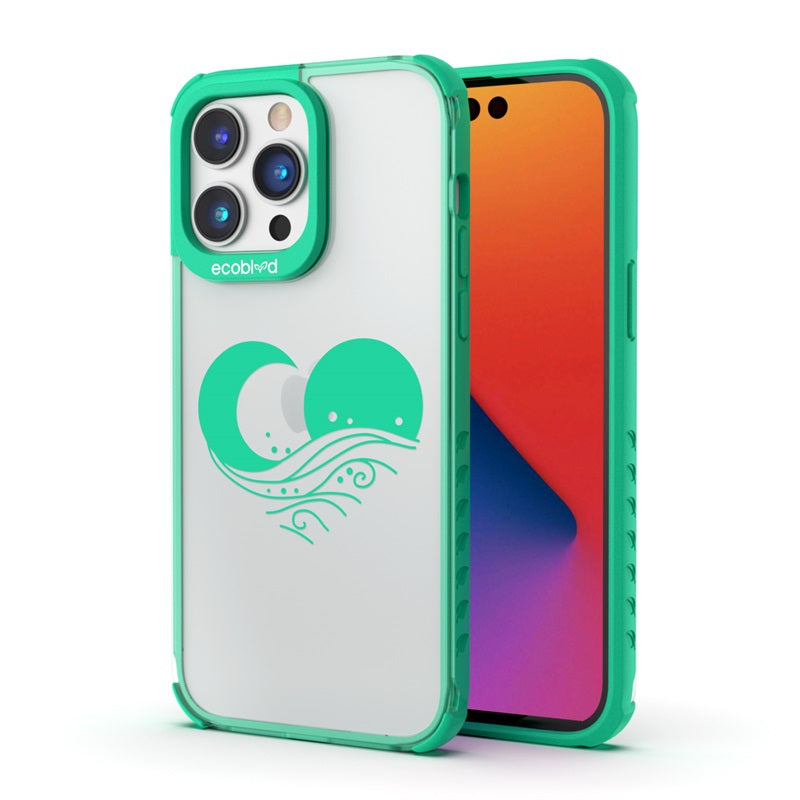 Back View Of The Green Compostable iPhone 14 Pro Laguna Case With The Eternal Wave Design & Front View Of The Screen