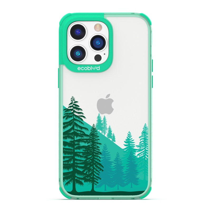 Laguna Collection - Green Eco-Friendly iPhone 14 Pro Case With A Minimalist Pine Tree Forest On A Clear Back - Compostable