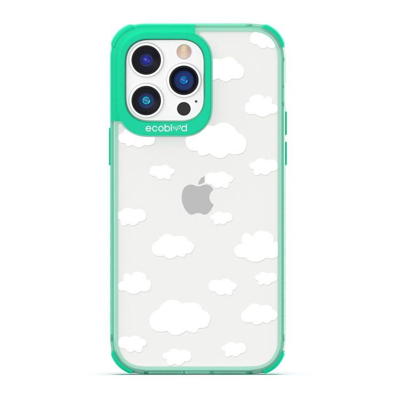 Laguna Collection - Green Eco-Friendly iPhone 14 Pro Case With A White Cartoon Clouds Print On A Clear Back - Compostable