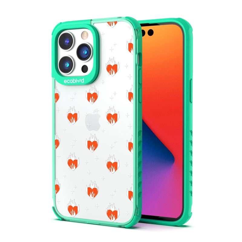 Back View Of The Green iPhone 14 Pro Laguna Case With Burning Hearts Design On A Clear Back And Front View Of The Screen