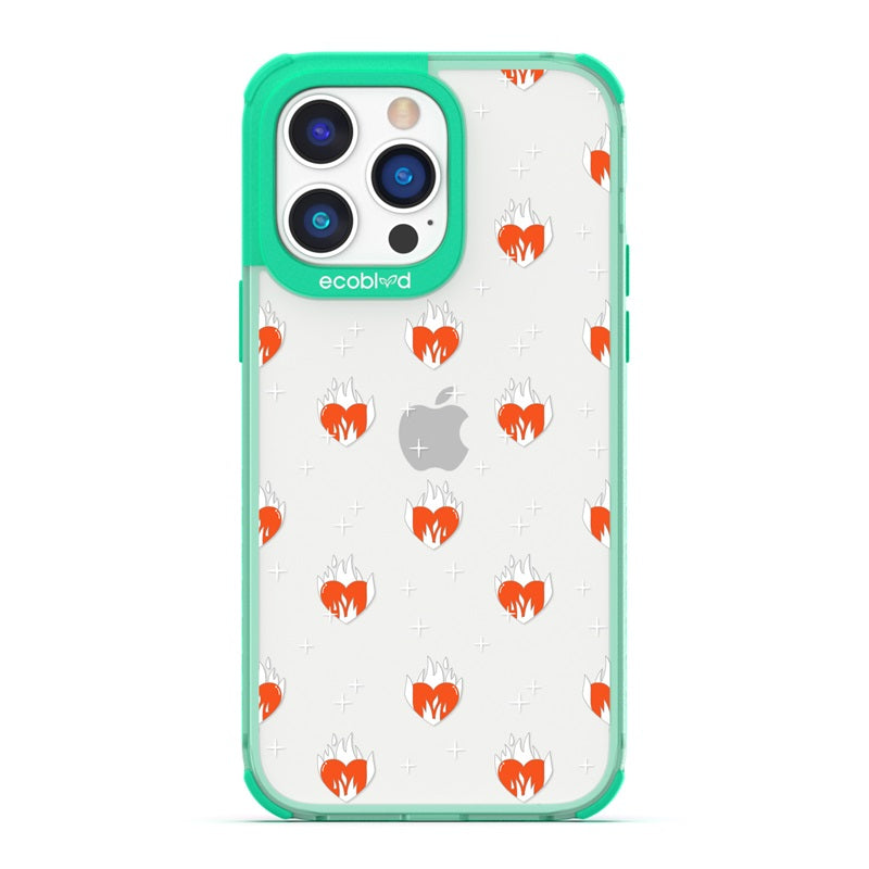 Laguna Collection - Green Eco-Friendly iPhone 14 Pro Case With A Flaming Red Hearts And Stars Pattern On A Clear Back