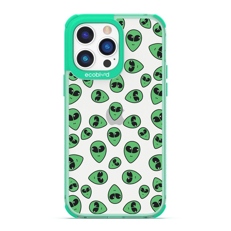Laguna Collection - Green Eco-Friendly iPhone 14 Pro Case With Green Cartoon Alien Heads On A Clear Back - Compostable