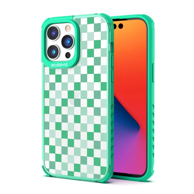 Back View Of The Green iPhone 14 Pro Laguna Case With Checkered Print Design On A Clear Back And Front View Of The Screen