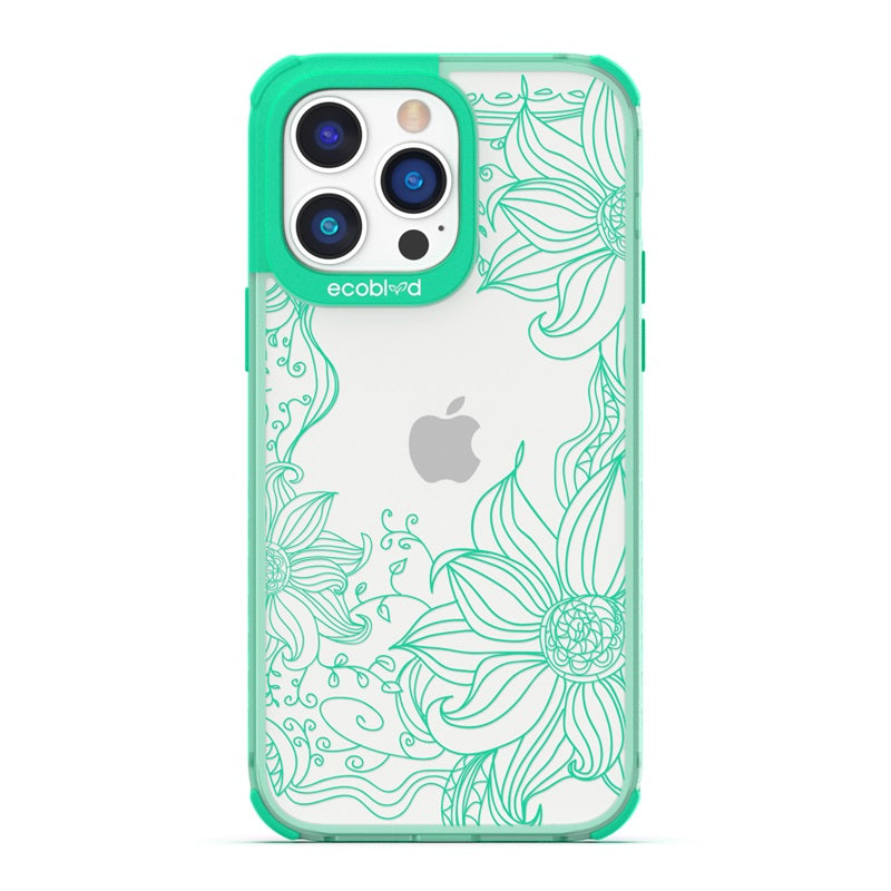 Laguna Collection - Green Eco-Friendly iPhone 14 Pro Case With Sunflower Stencil Line Art On A Clear Back - Compostable