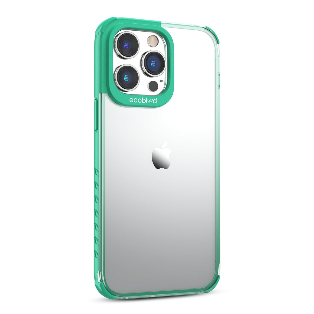 Right View Of Green Laguna Collection iPhone 14 Pro Case With A Clear Back Showing Raised Camera Ring & Non-Slip Grip