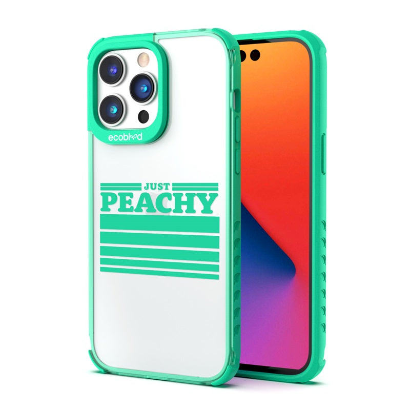 Back View Of The Green Compostable iPhone 14 Pro Laguna Case With Just Peachy Design & Front View Of The Screen