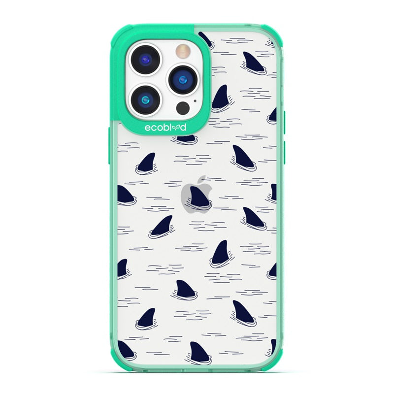 Laguna Collection - Green Eco-Friendly iPhone 14 Pro Case With Shark Fins Peeking From Water On A Clear Back - Compostable