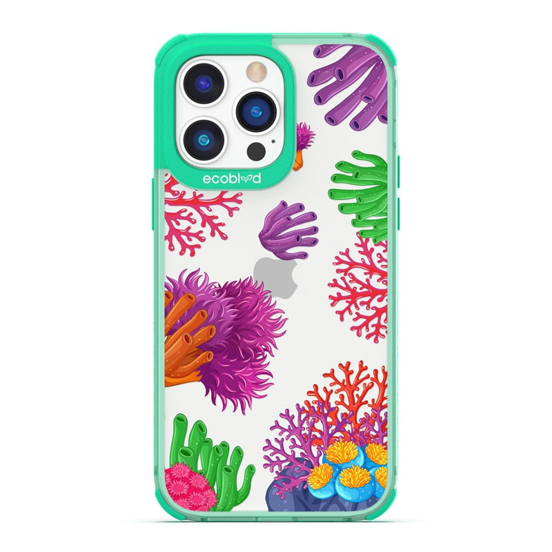 Laguna Collection - Green Eco-Friendly iPhone 14 Pro Case With A Colorful Underwater Coral Reef Pattern On A Clear Back