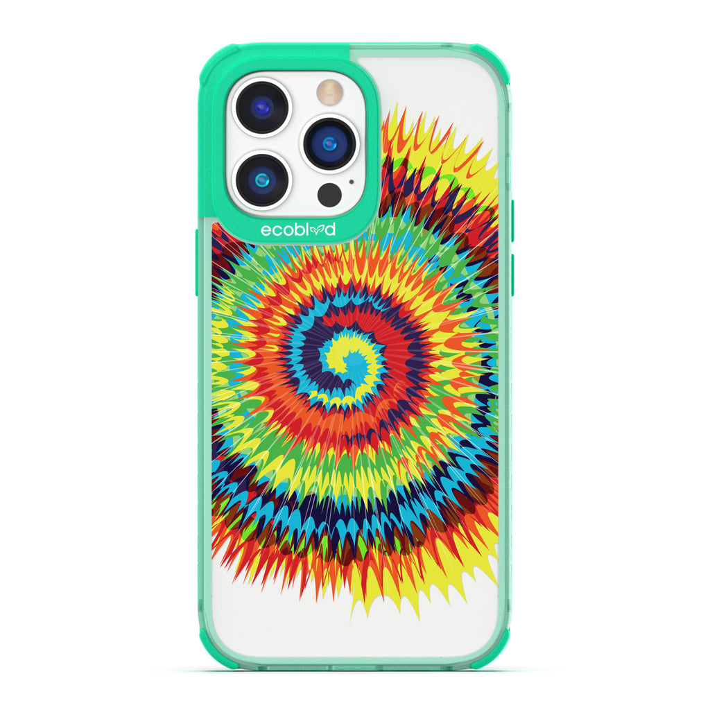 Laguna Collection - Green Eco-Friendly iPhone 14 Pro Case With A Retro Rainbow Tie Dye Print On A Clear Back