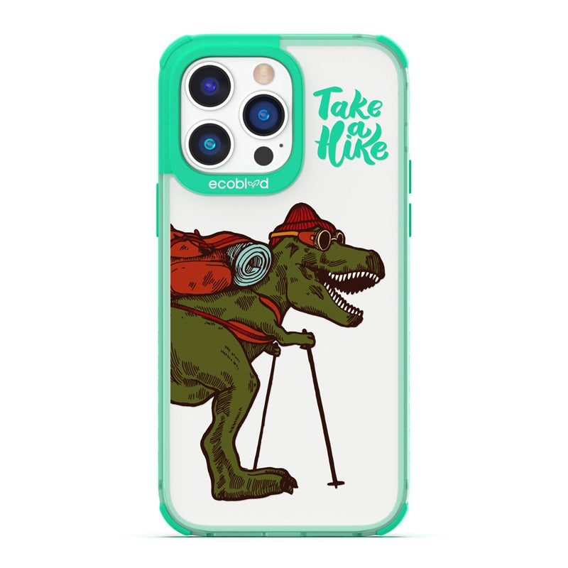 Laguna Collection - Green Eco-Friendly iPhone 14 Pro Case With A Trail-Ready T-Rex And Take A Hike Quote On A Clear Back 
