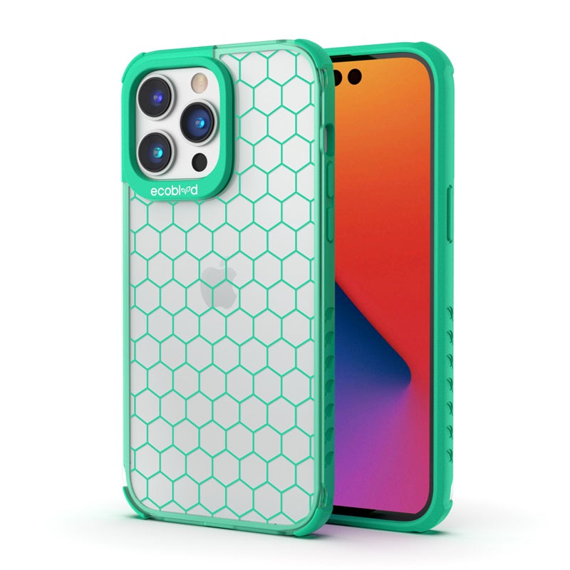 Back View Of Green Compostable iPhone 14 Pro Laguna Case With Honeycomb Design On A Clear Back & Front View Of The Screen