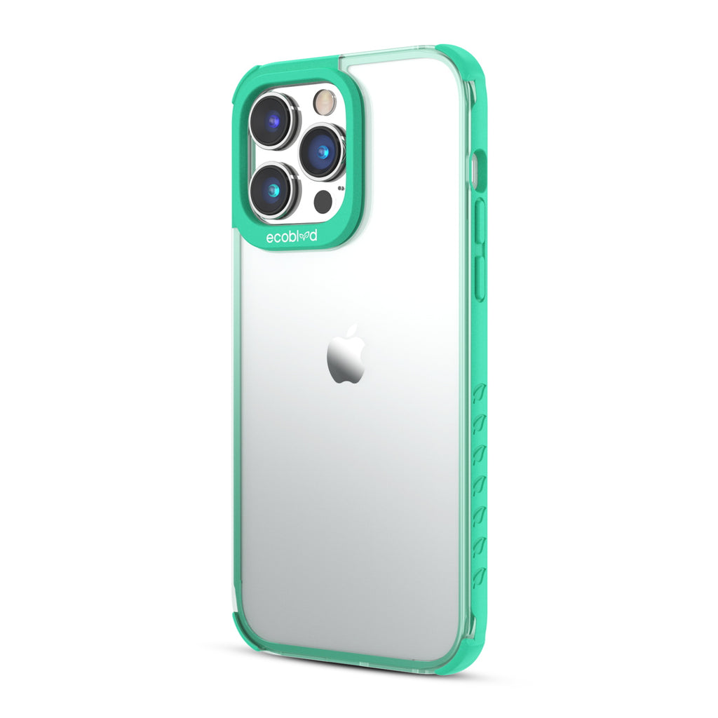 Left View Of Green Laguna Collection iPhone 14 Pro Case With A Clear Back Showing Volume Buttons & Non-Slip Grip