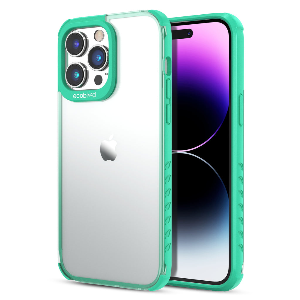 Back View Of The Green iPhone 14 Pro Laguna Collection Case With A Clear Back And Front View Of The Screen