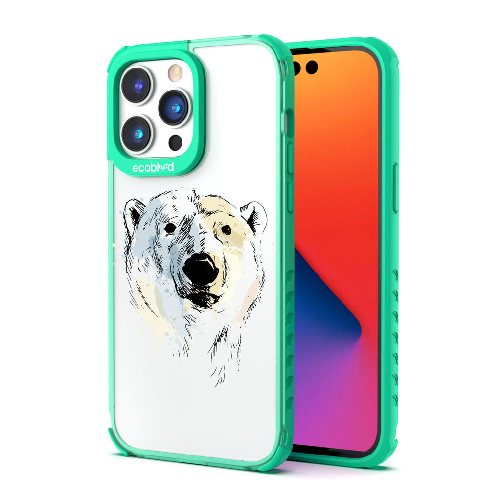 Back View Of Green Eco-Friendly iPhone 14 Pro Clear Case With The Polar Bear Design & Front View Of Screen
