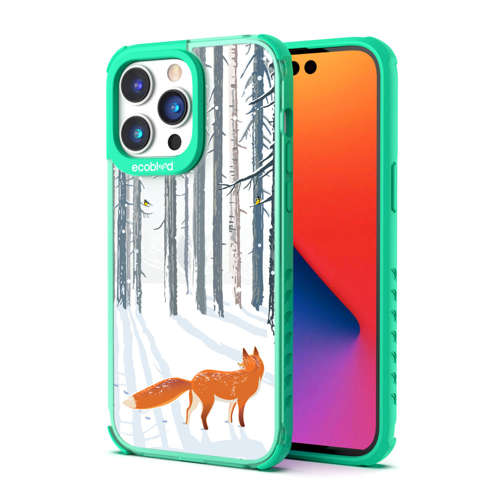 Back View Of Green Eco-Friendly iPhone 14 Pro Clear Case With The Fox Trot In The Snow Design & Front View Of Screen