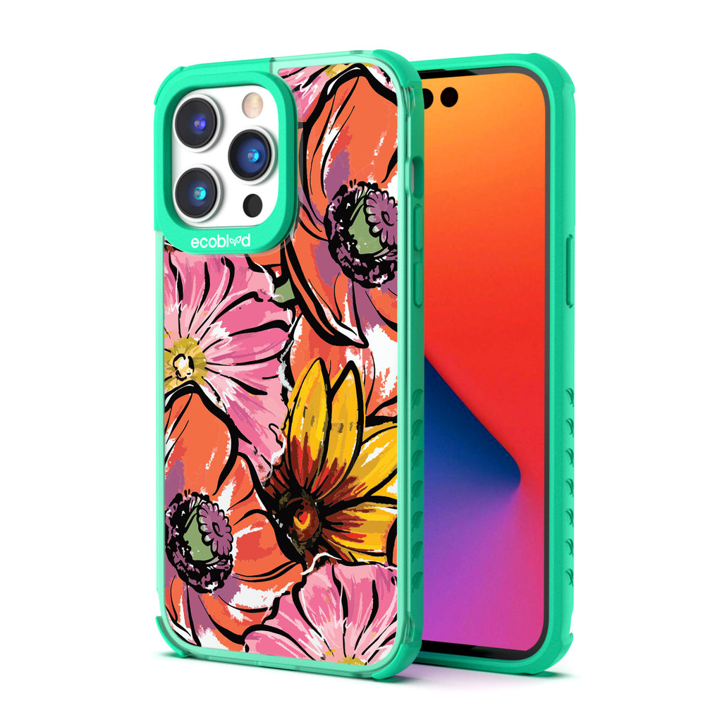 Back View Of Green Eco-Friendly iPhone 14 Pro Max Clear Case With Feeling Lush Design & Front View Of Screen