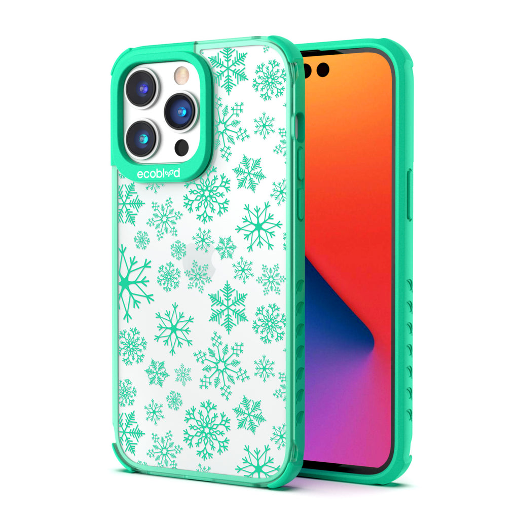 Back View Of Eco-Friendly Green Phone 14 Pro Max Winter Laguna Case With The Let It Snow Design & Front View Of The Screen