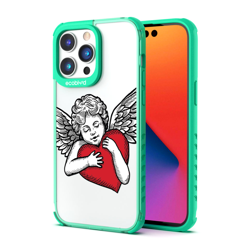 Back View Of Green Eco-Friendly iPhone 14 Pro Clear Case With The Cupid Design & Front View Of Screen