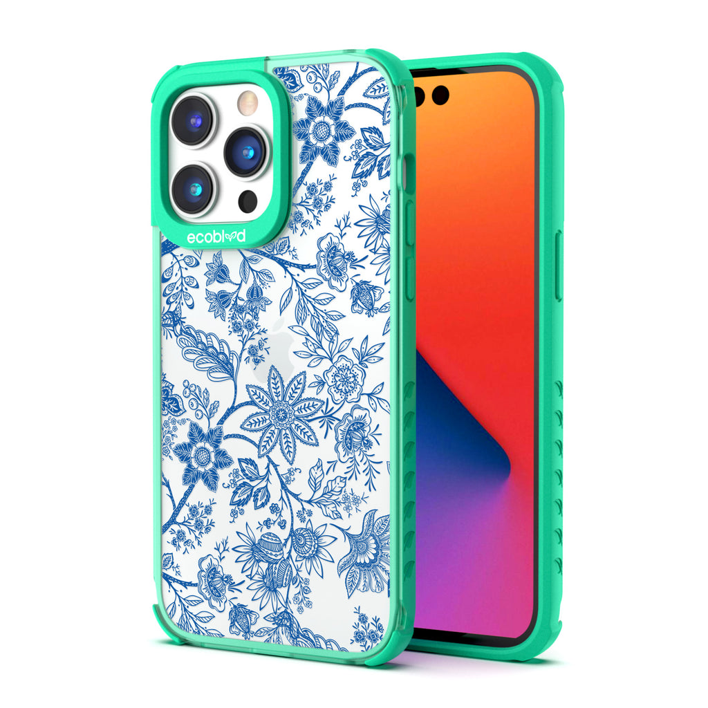 Timeless Collection - Green Laguna Eco-Friendly iPhone 14 Pro Case With Blue Toile De Jouy Floral Pattern On A Clear Back