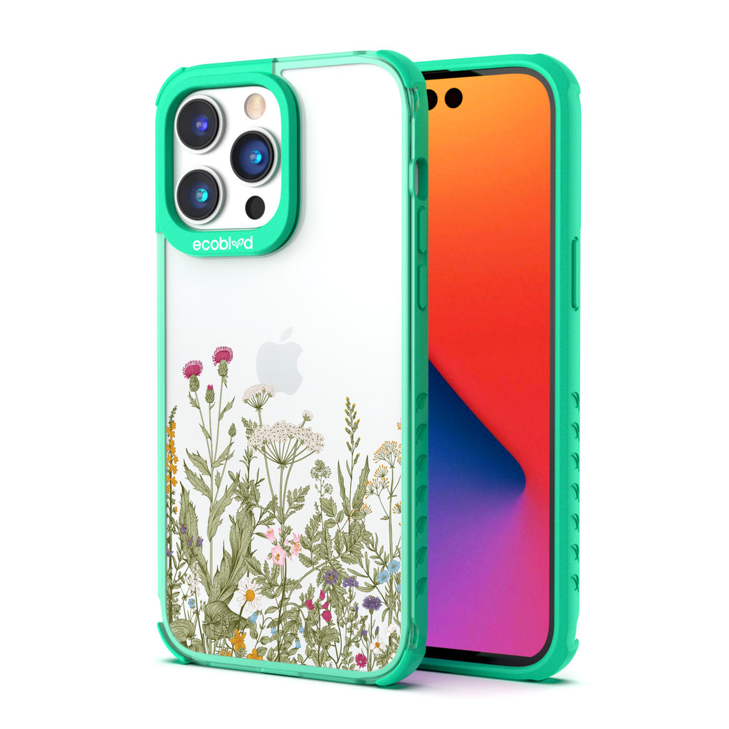 Back View Of Green Eco-Friendly iPhone 14 Pro Max Clear Case With Take Root Design & Front View Of Screen