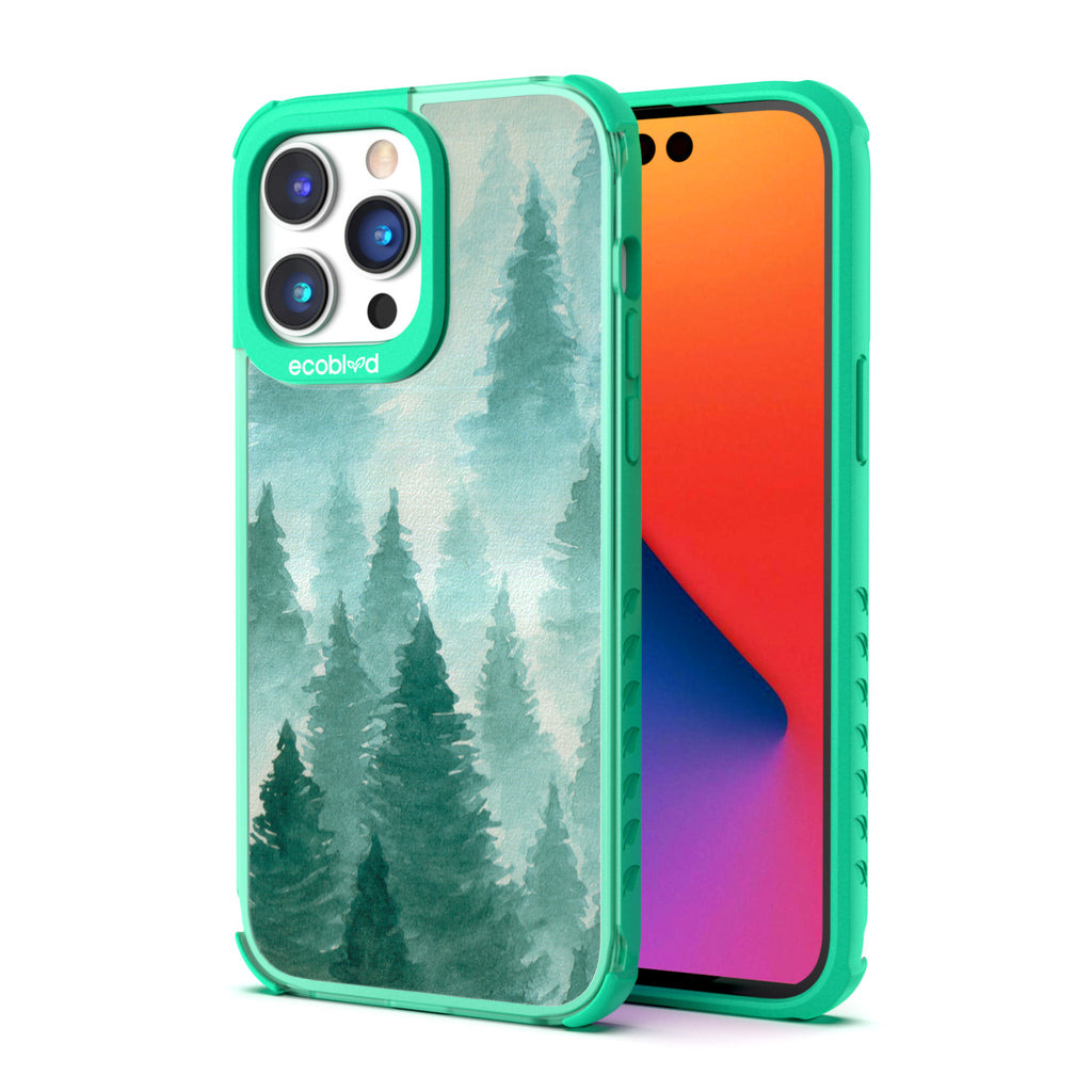 Back View Of Eco-Friendly Green iPhone 14 Pro Max Winter Laguna Case With A Winter Pine Design & Front View Of Screen