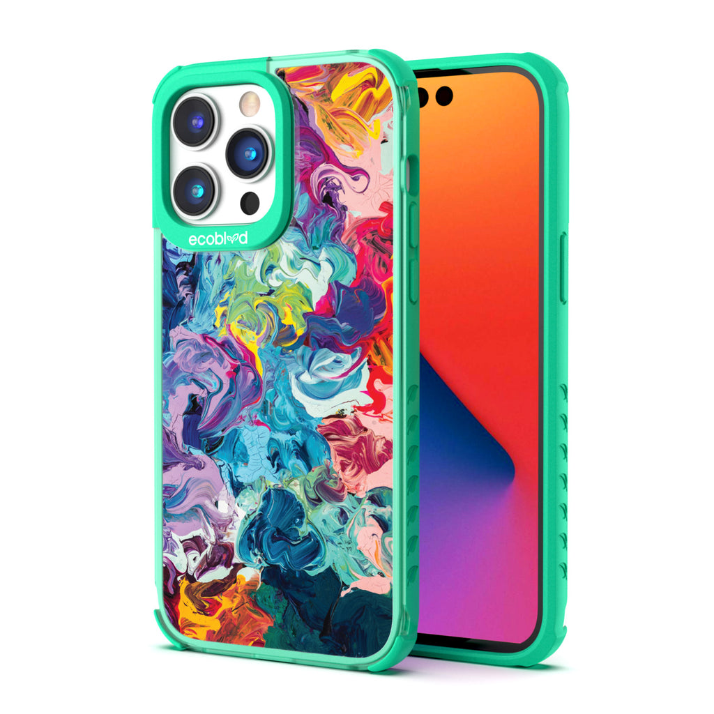 Back View Of Green Eco-Friendly iPhone 14 Pro Max Clear Case With Give It A Swirl Design & Front View Of Screen