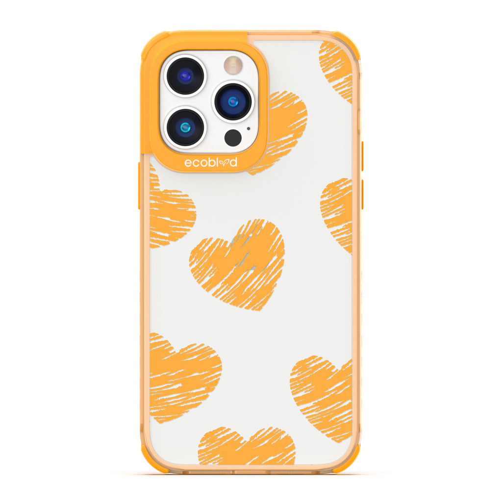 Love Collection - Yellow Compostable iPhone 14 Pro Max Case - Yellow Scribbled Hearts On A Clear Back