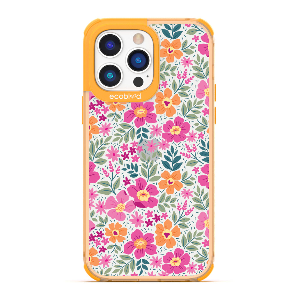 Spring Collection - Yellow Compostable iPhone 14 Pro Max Case - Bright, Colorful  Vintage Cartoon Flowers with Leaves On A Clear Back