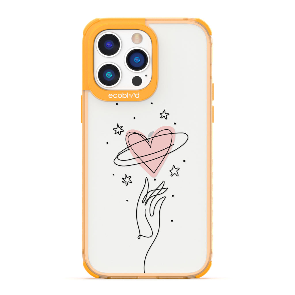 Be Still My Heart - Yellow Compostable iPhone 14 Pro Max Case - Line Art Hand Reaching Out For Pink Heart, Stars On Clear Back