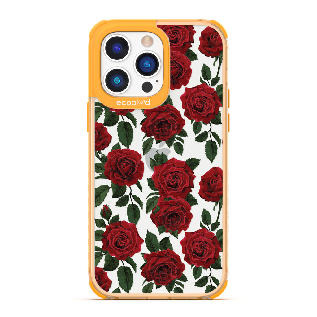 Love Collection - Yellow Compostable iPhone 14 Pro Max Case - Red Roses & Leaves On A Clear Back
