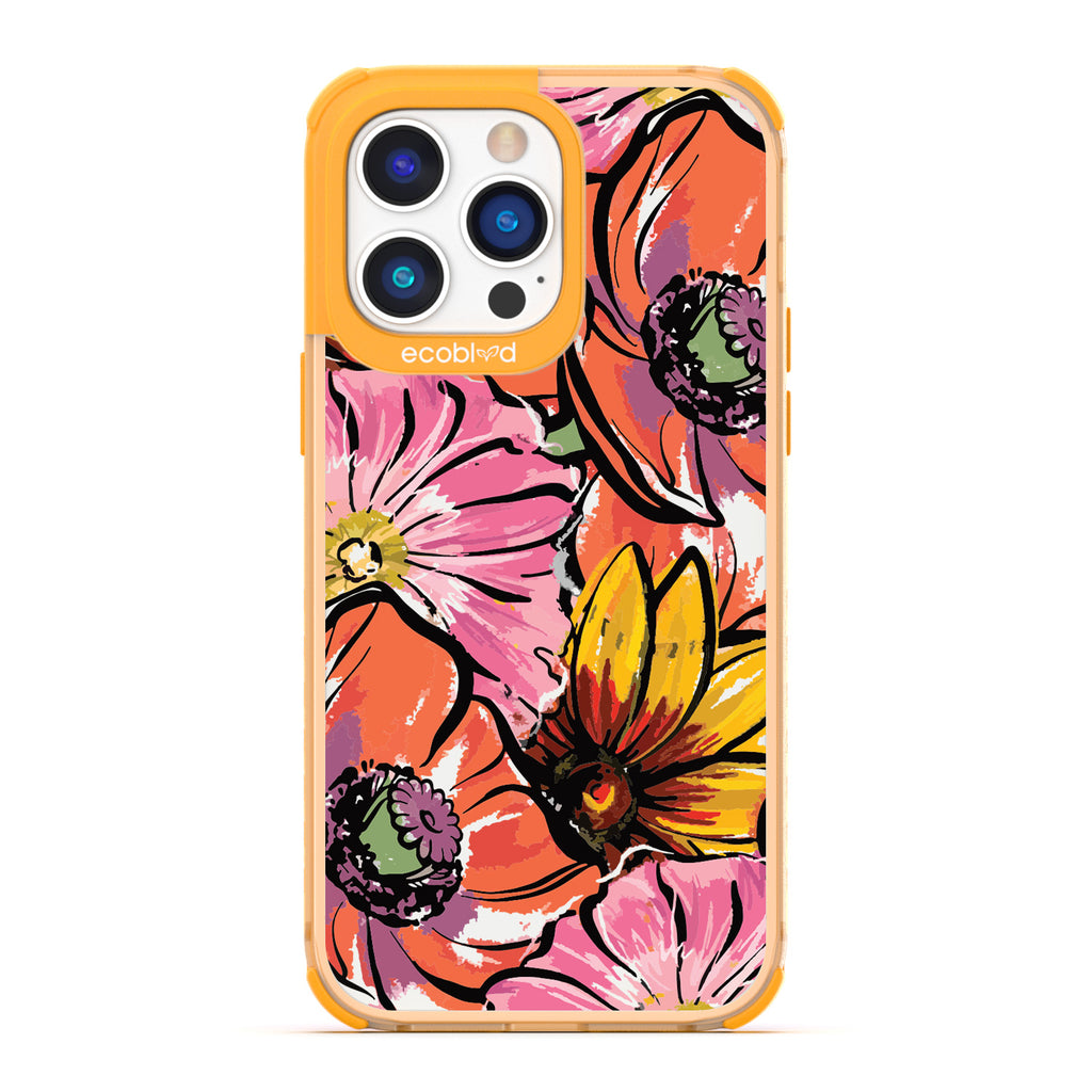 Spring Collection - Yellow Compostable iPhone 14 Pro Case - Watercolor Spring Flowers Painting On A Clear Back