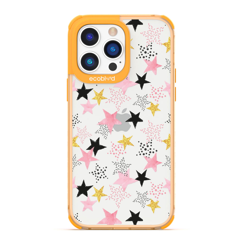 Winter Collection - Yellow Laguna iPhone 14 Pro Case With Pink, Black & Gold Stars Alternating Solid & Polka Dot Patterns 