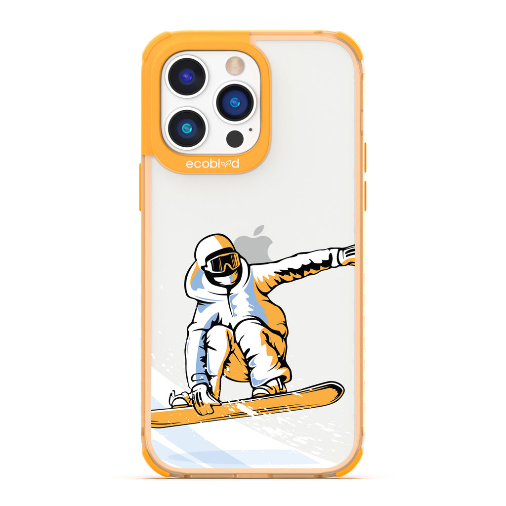 Back View Of Yellow Compostable iPhone 14 Pro Max Clear Case With The Shreddin' The Gnar Design & Front View Of Screen