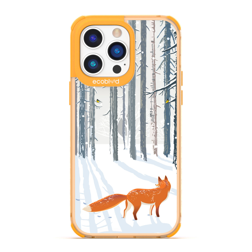 Winter Collection - Yellow Compostable iPhone 14 Pro Case - Orange Fox Trails Pawprints In Snowy Woods On A Clear Back