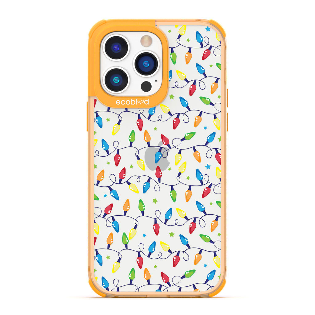 Winter Collection - Yellow Compostable Laguna iPhone 14 Pro Max Case With Multicolored Christmas Lights, Stars On Clear Back