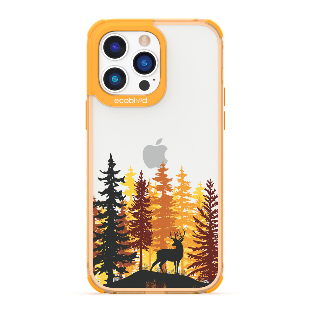 Winter Collection - Yellow Compostable iPhone 14 Pro Case - Wild Stag Standing On Boulder In The Woods On Clear Back