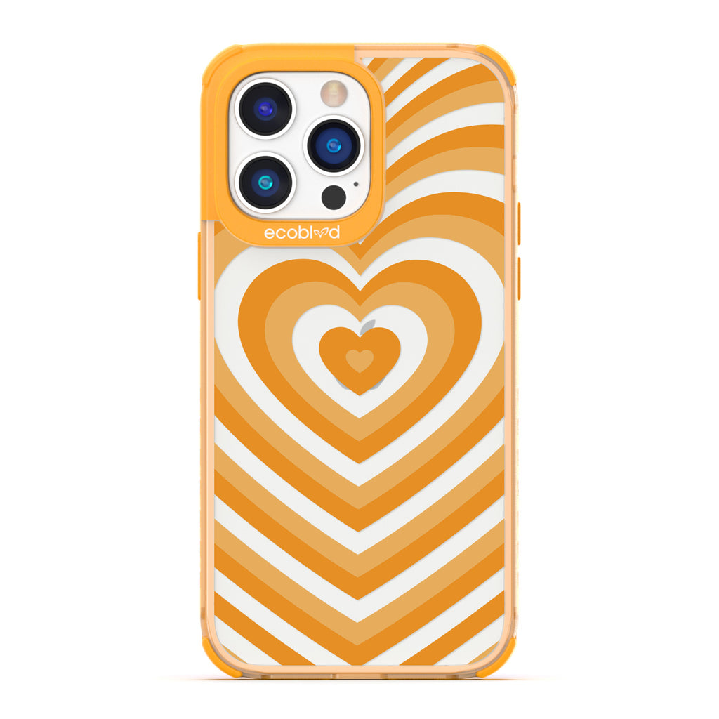 Love Collection - Yellow Compostable iPhone 14 Pro Case - A Yellow Heart Gradually Growing Larger On A Clear Back