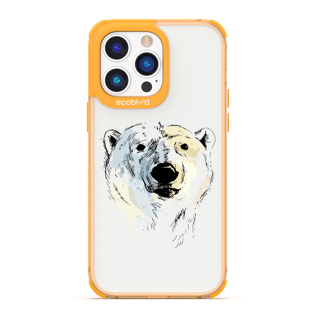 Winter Collection - Yellow Compostable iPhone 14 Pro Case - Illustrated Polar Bear Face On Clear Back