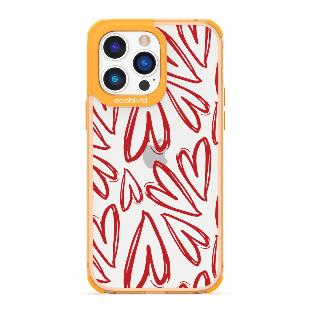 Love Collection - Yellow Compostable iPhone 14 Pro Case - Painted / Sketched Red Hearts On A Clear Back