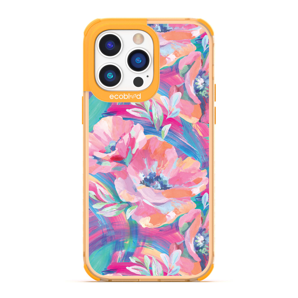 Spring Collection - Yellow Compostable iPhone 14 Pro Max Case - Pastel-Colored Abstract Painting Of Poppies On Clear Back