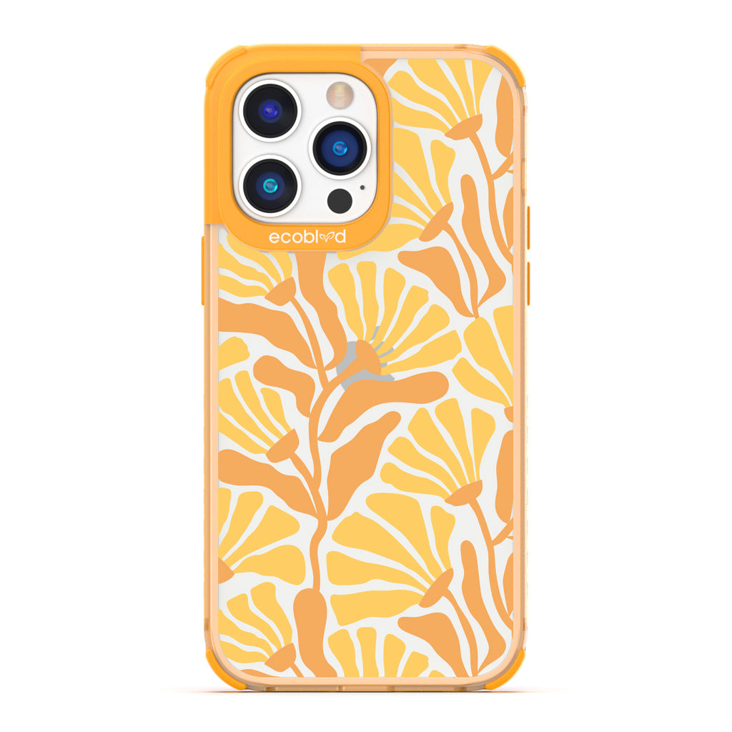 Spring Collection - Yellow Compostable iPhone 14 Pro Max Case - Tropical Flowers With Tan Base & Yellow Petals On A Clear Back