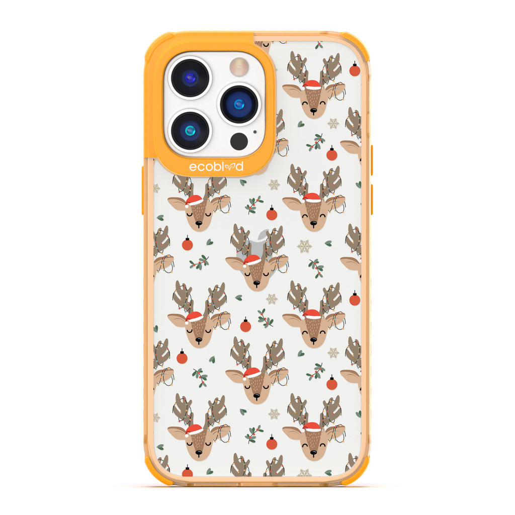 Winter Collection - Yellow Laguna iPhone 14 Pro Case With Reindeer Wearing Santa Hats & Christmas Lights On A Clear Back