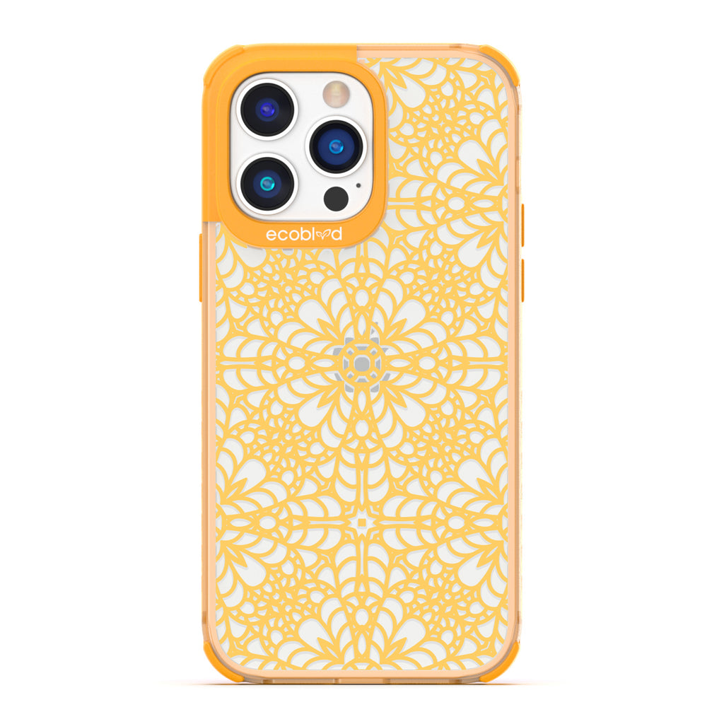 A Lil' Dainty - Yellow Compostable iPhone 14 Pro Max Case - Intricate Lace Tapestry Pattern On A Clear Back