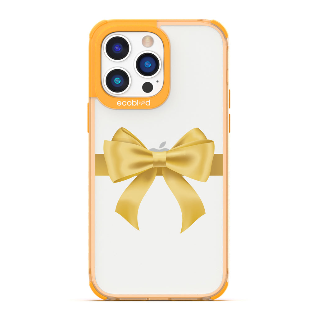 Winter Collection - Yellow Eco-Friendly Laguna iPhone 14 Pro Case With A Yellow Gift Bow Printed On A Clear Back